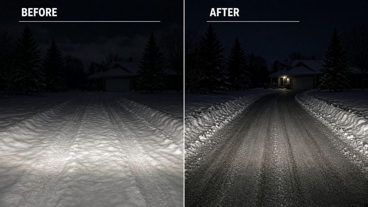 One driveway photographed twice after dark: on the left, deep unbroken snow across the whole width; on the right, the same driveway cleared down to the surface with snow banked along both edges.