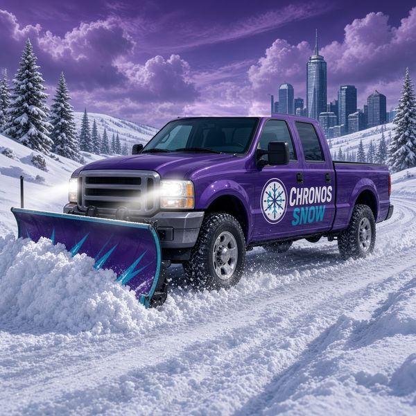 A Chronos Snow plow truck clearing a snow-covered Minnesota driveway